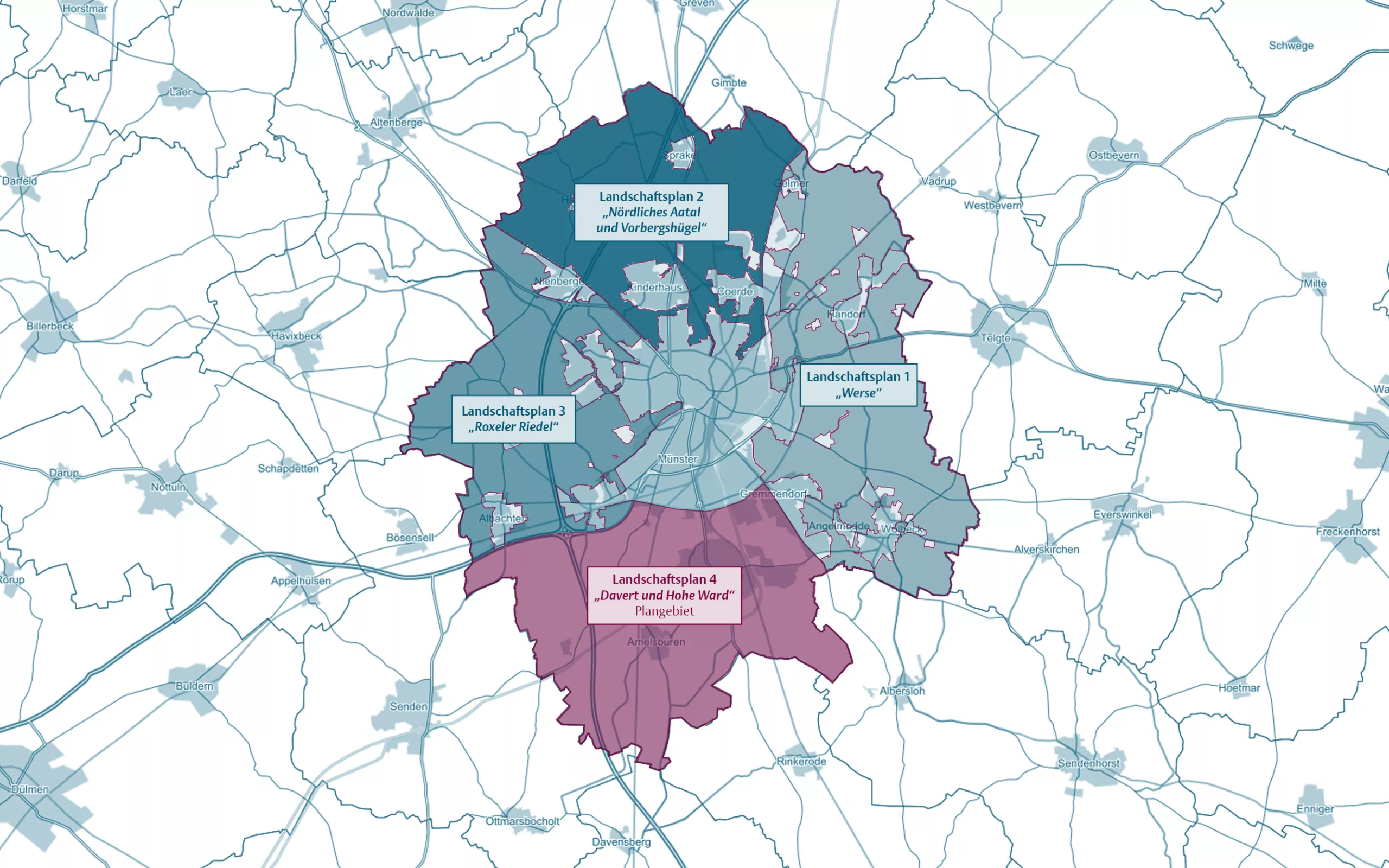 Der Landschaftsplan 4 „Davert und Hohe Ward“ ist der vierte und letzte Landschaftsplan für das Stadtgebiet. Der zukünftige Geltungsbereich wird sich auf den Außenbereich erstrecken. Im Plangebiet befindliche Gewerbe-, Industrie- und Siedlungsbereiche werden durch den Landschaftsplan nicht überplant. ©Stadt Münster